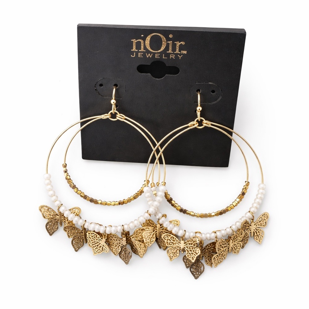 nOir Jewelry Gold Butterfly Hoop Earrings Beaded Statement Dangle New